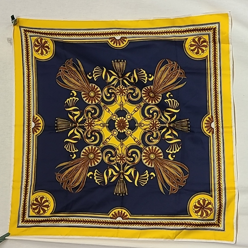 1970s Trevira Polyester 31" Square Scarf Navy and Golden Yellow Tassel Motif